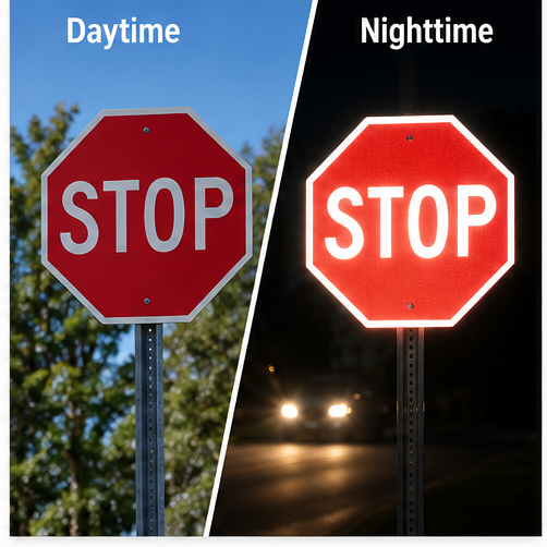 FDC Lumina 2407 reflective vinyl illustrative day and night STOP sign application; not a certified traffic sign