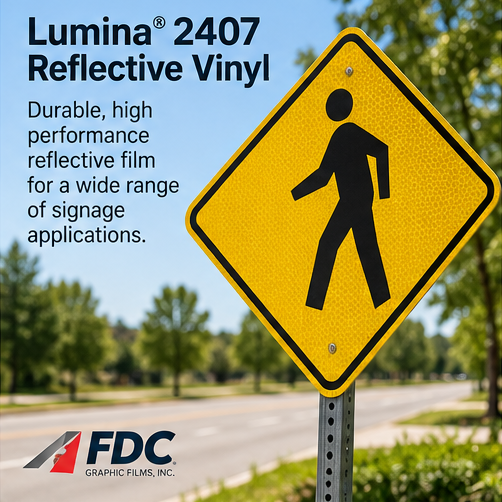 FDC Lumina 2407 reflective vinyl illustrative daytime pedestrian warning sign; not a certified traffic sign