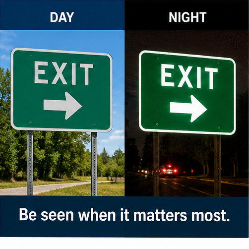 FDC Lumina 2407 reflective vinyl illustrative day versus night EXIT sign visibility comparison