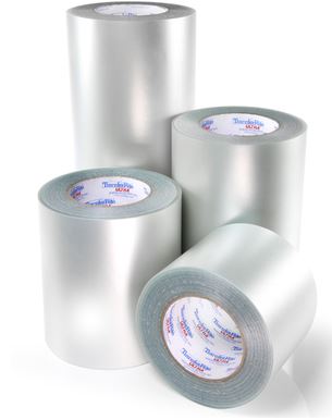 Four rolls of silver tape with visible brand name on a white background