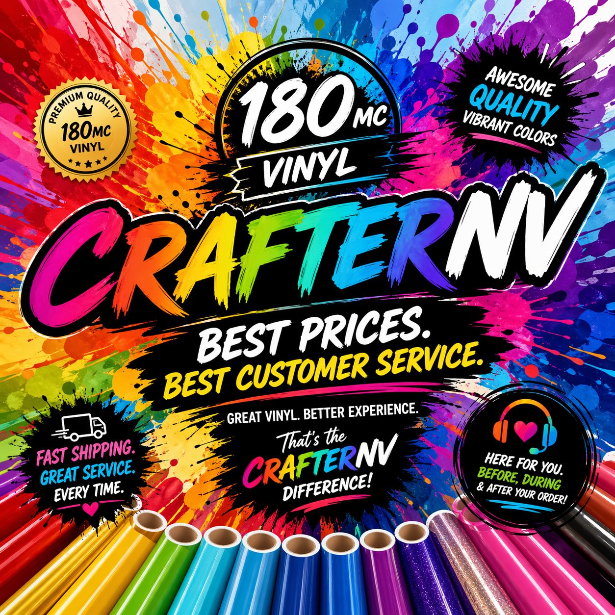 Promotional graphic for 180mc Vinyl CrafterNV with colorful design and text about vinyl records.