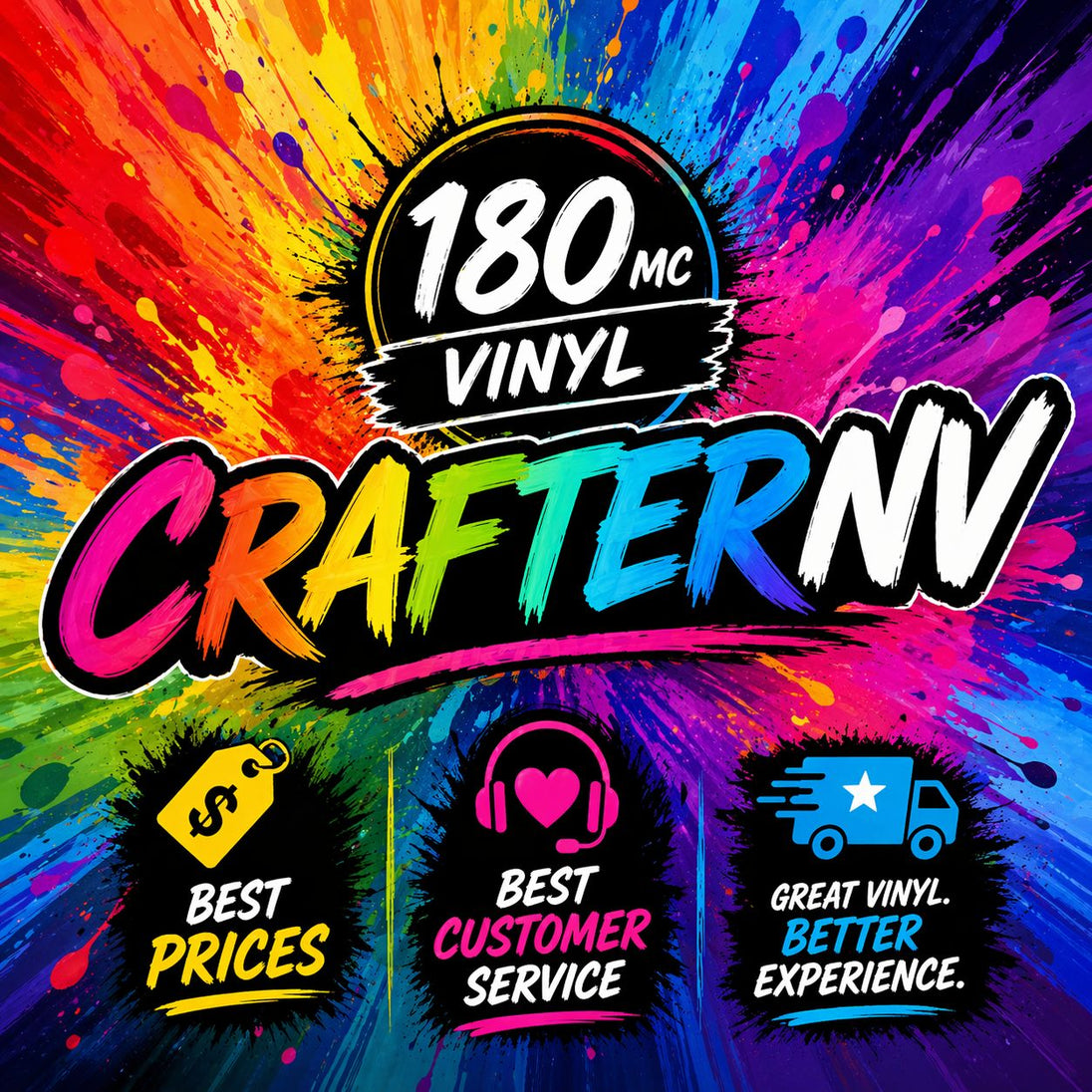 Colorful advertisement for 180mc Vinyl Crafter NV with splashes of color and text about best prices, customer service, and experience.