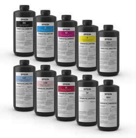 Set of Epson ink bottles on a white background