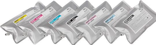 Set of six ink cartridges with labels on a white background