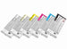 Set of six ink cartridges with color labels on a white background