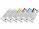 Set of six ink cartridges with color labels on a white background
