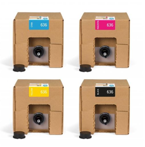 Four cardboard boxes with ink cartridge labels on a white background