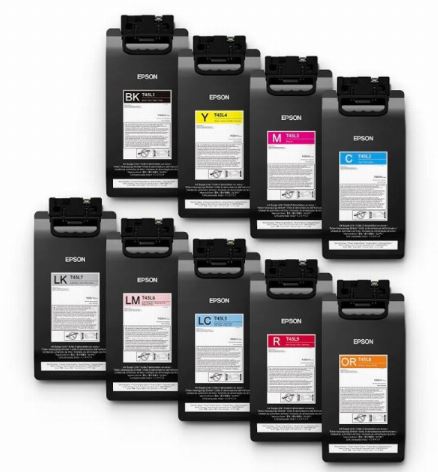 Set of Epson ink cartridges with labels on a white background