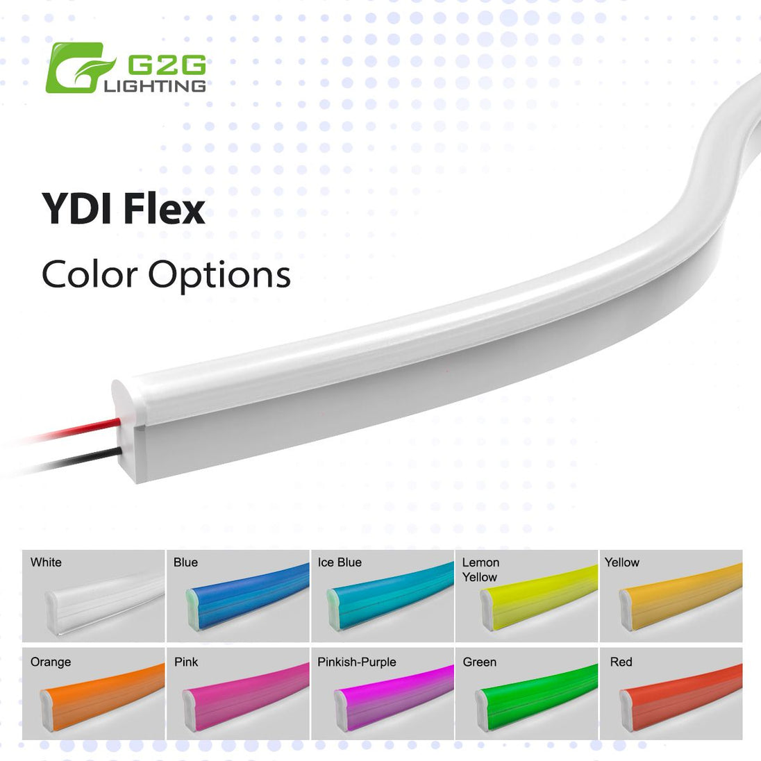 G2G Lighting YDI Flex LED strip with color options displayed below on a white background
