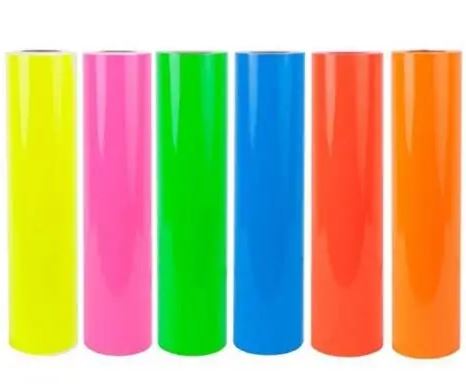 Six rolls of colorful vinyl wrap in yellow, pink, green, blue, orange, and red on a white background.