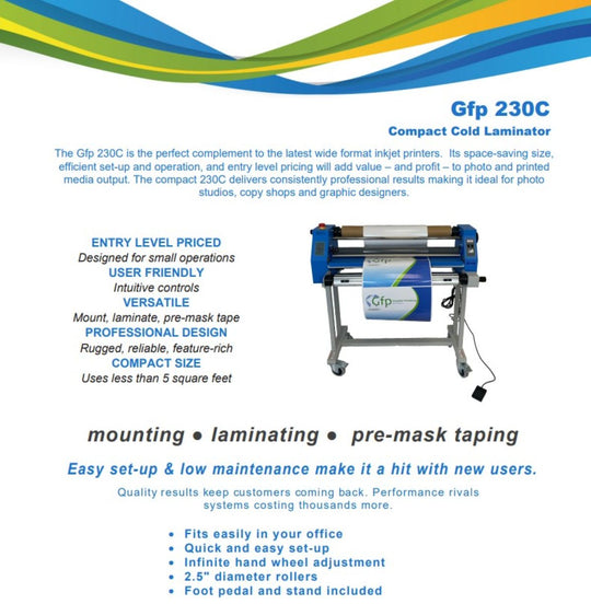 Gfp 230C compact cold laminator with features and specifications on a white background