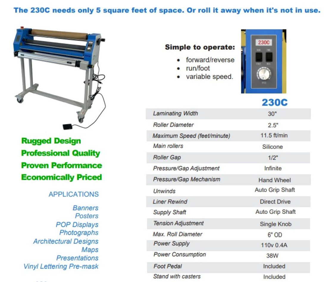 Laminating machine with specifications and features listed on a white background