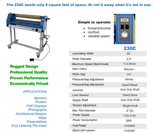 Laminating machine with specifications and features listed on a white background
