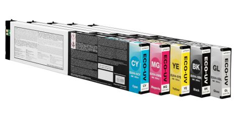 Set of ink cartridges with labels indicating color and brand on a white background