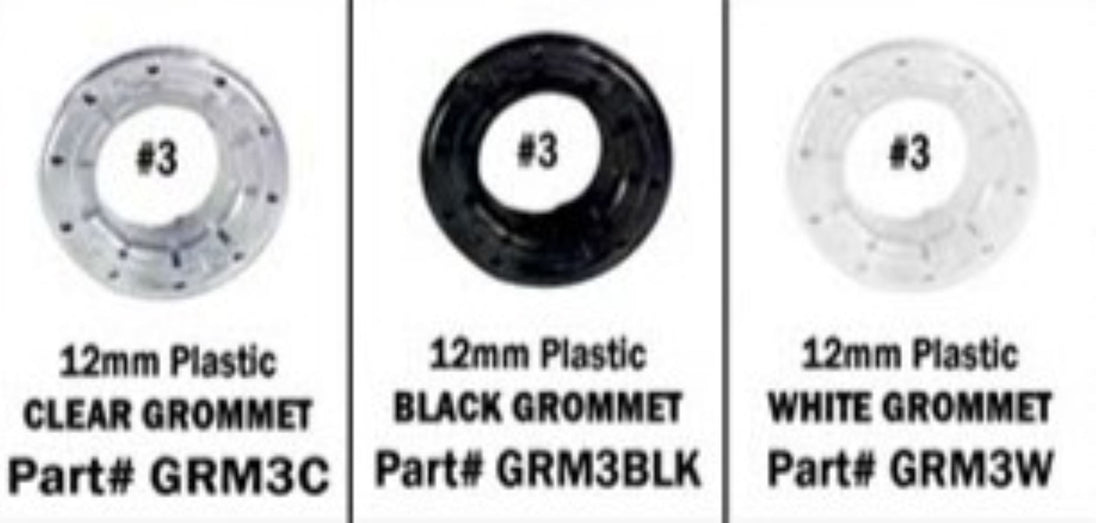 Three grommet options labeled 'Clear', 'Black', and 'White' with part numbers on a white background.