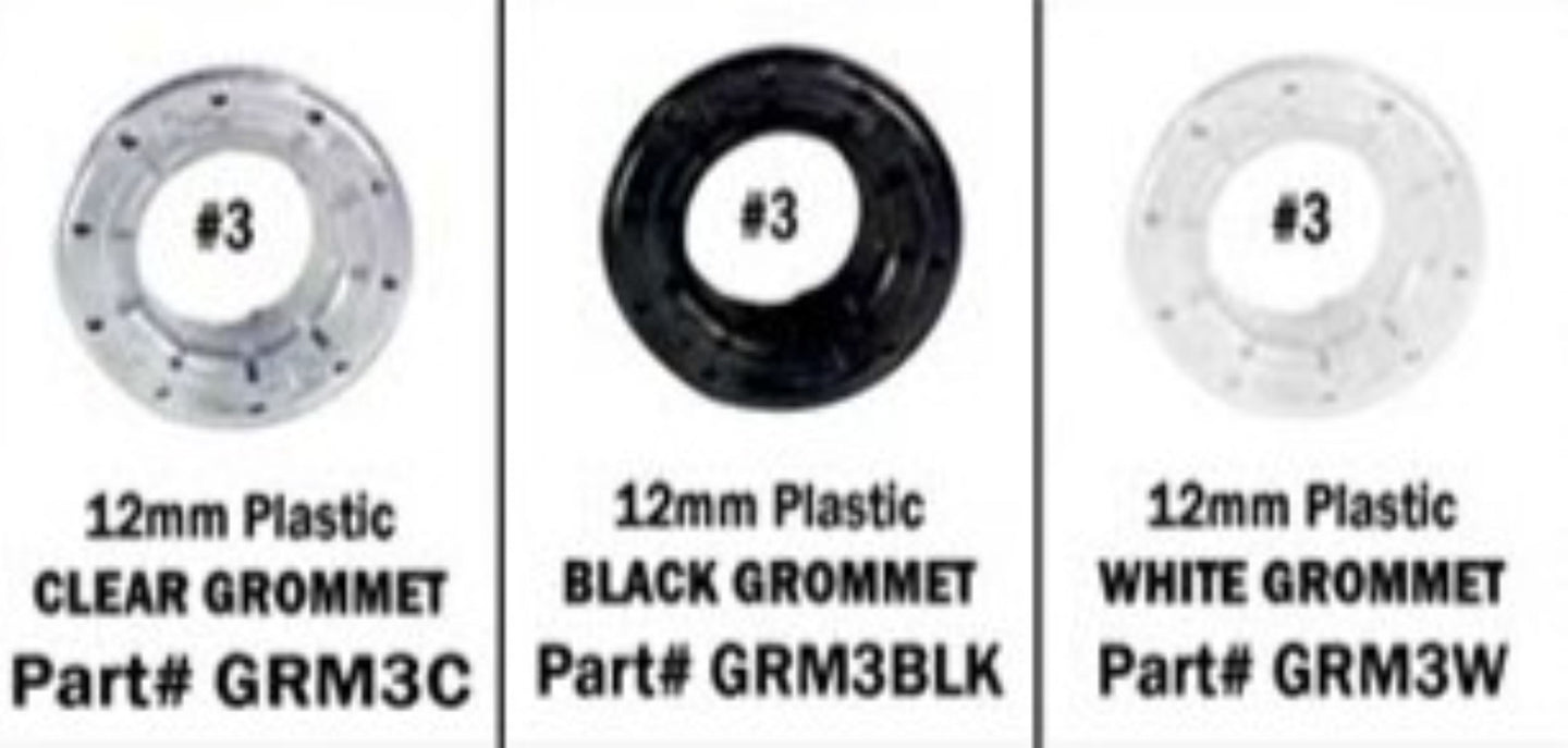 Three grommet options labeled 'Clear', 'Black', and 'White' with part numbers on a white background.