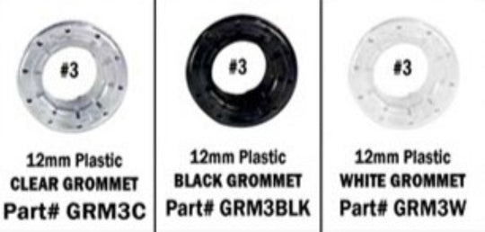 Three grommet options labeled 'Clear', 'Black', and 'White' with part numbers on a white background.