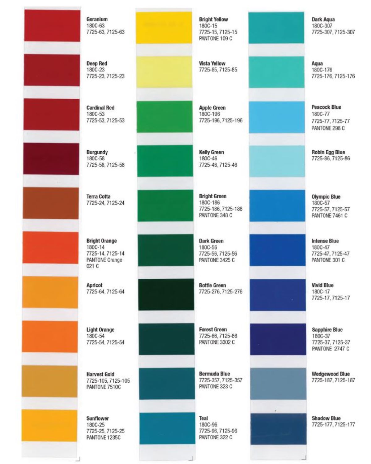 Color swatch chart with various colors and their corresponding Pantone codes.