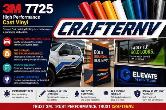 Advertisement for 3M 7725 High Performance Cast Vinyl with Crafternv branding and product features.