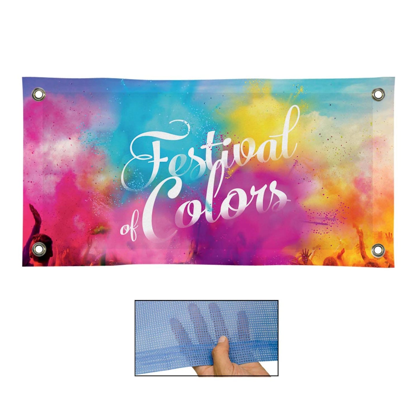 Colorful banner with 'Festival of Colors' text and a close-up of a hand holding it.