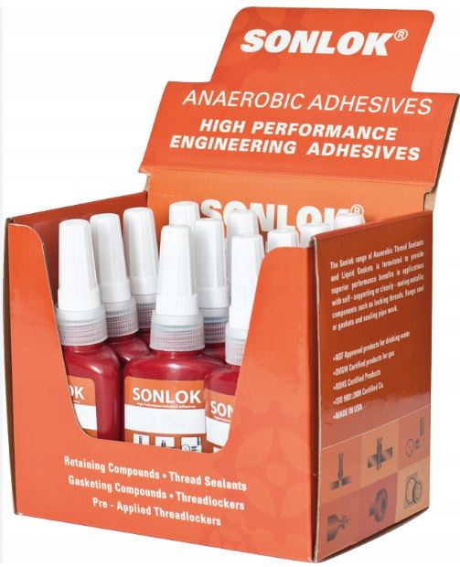 Box of Sonlok anaerobic adhesives with red and white bottles.