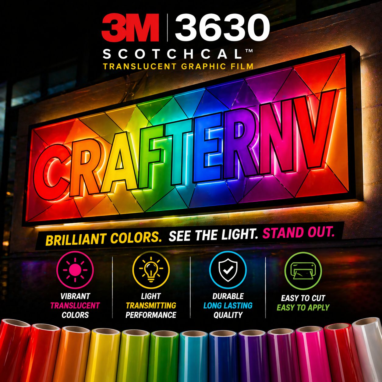 3M 3630 Scotchcal Translucent Graphic Film display with colorful text and product packaging.