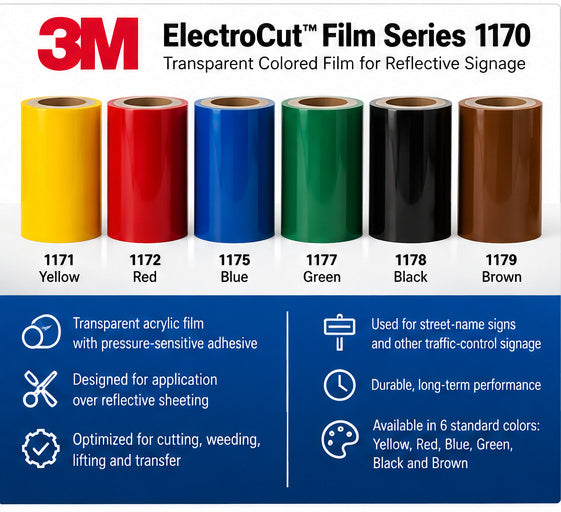 3M ElectroCut Film Series 1170 color range and features for reflective traffic signage