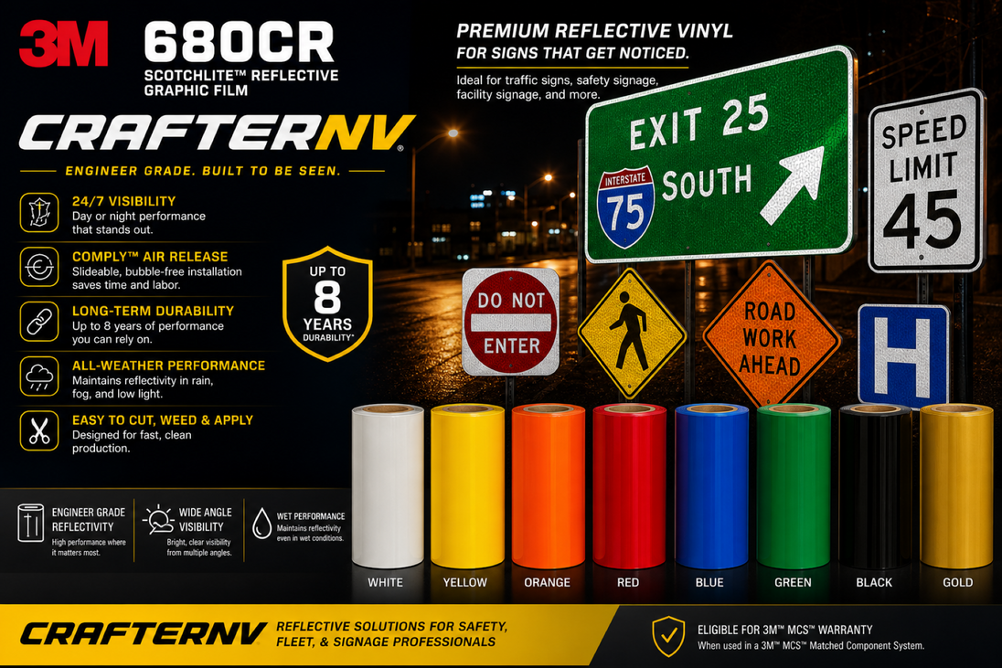 3M Scotchlite 680CR reflective graphic film features, colors and sign applications