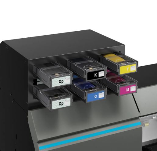 Color cartridge holder with various ink cartridges on a printer