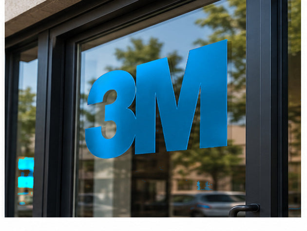 3M 180MC Controltac Olympic Blue 057 window graphic application example; striping is supplied in the selected width.