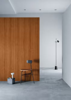 Modern interior with wooden panel wall, gray floor, and minimal furniture.
