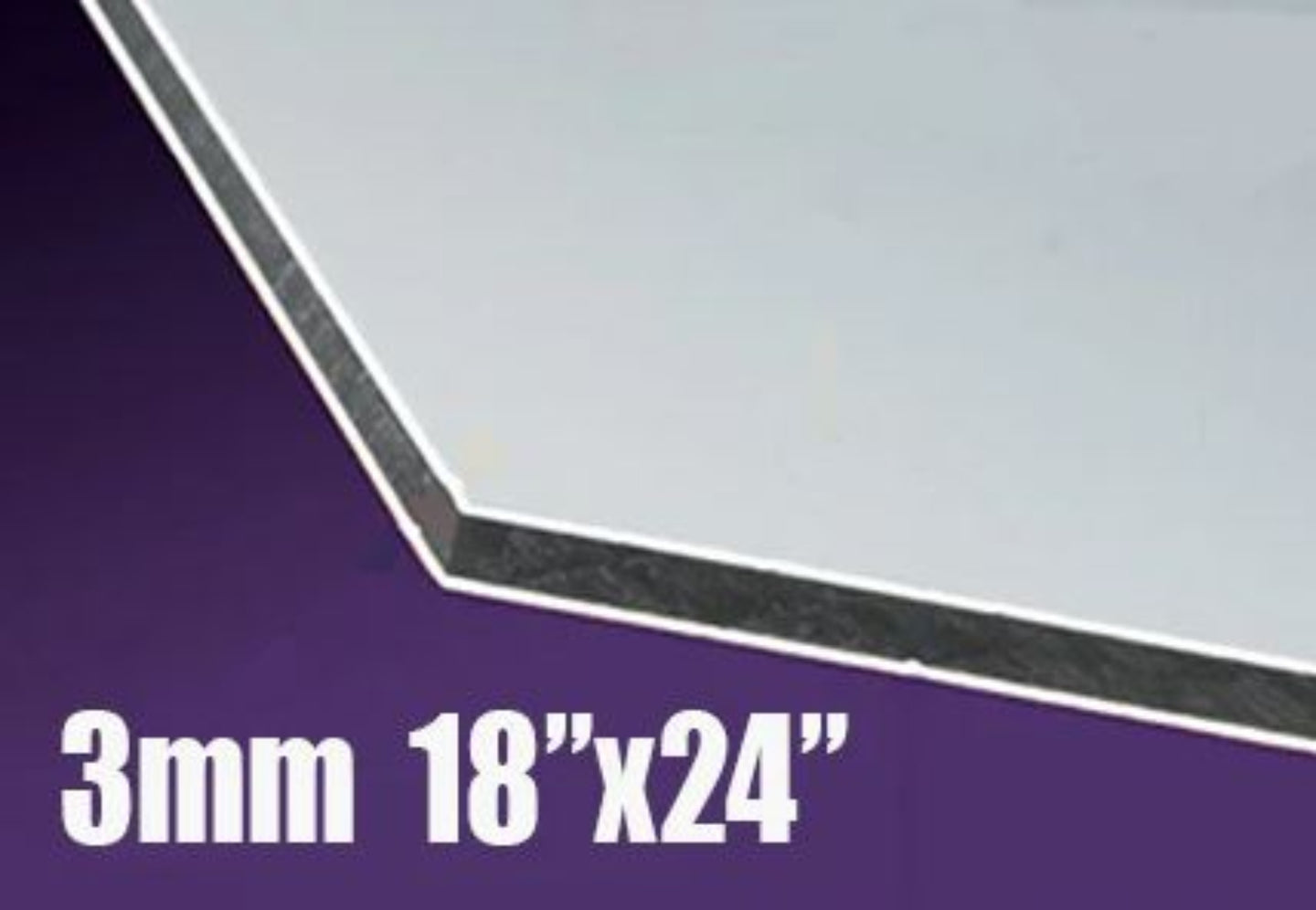 Sheet of material with dimensions 3mm x 18" x 24" on a purple background