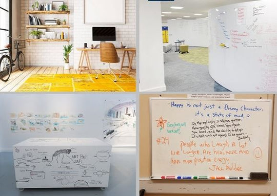 Collage of four office or classroom scenes with desks, whiteboards, and motivational quotes.