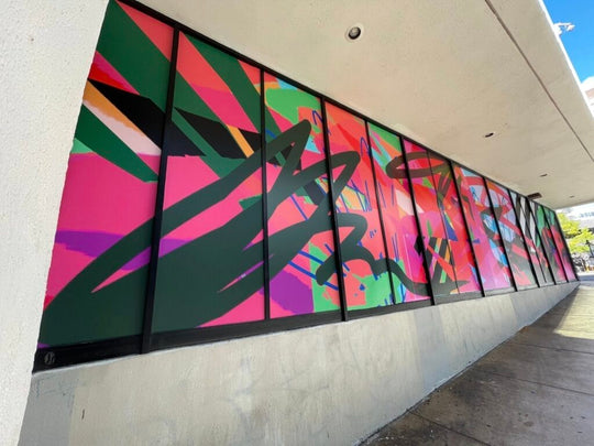 Colorful exterior window mural using Drytac Polar Grip Air high-bond vinyl