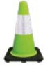 Green traffic cone with reflective white stripe on a white background