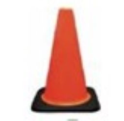 Orange traffic cone with black base on a white background