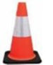Orange traffic cone with reflective strip on a white background