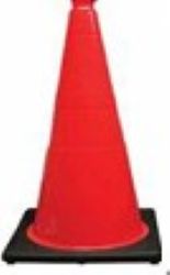 Red traffic cone with black base on a white background