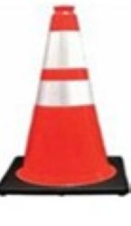 Red traffic cone with reflective stripes on a white background