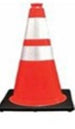 Red traffic cone with reflective stripes on a white background