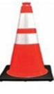 Red traffic cone with reflective stripes on a white background