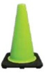 Green traffic cone with a black base on a white background