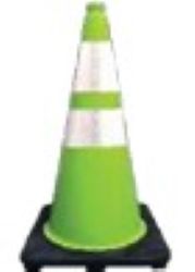 Green traffic cone with reflective stripes on a black background