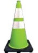 Green traffic cone with reflective stripes on a black background