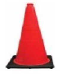 Red traffic cone with black base on a white background