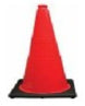 Red traffic cone with black base on a white background