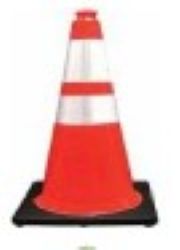 Orange traffic cone with reflective tape on a black background