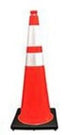 Orange traffic cone with reflective stripes on a white background