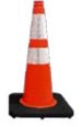 Orange traffic cone with reflective stripes on a white background
