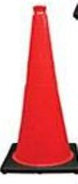 Red traffic cone with black base on a white background